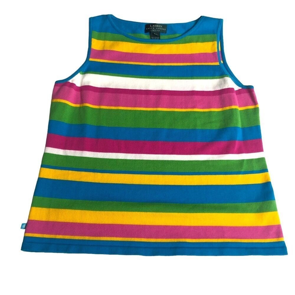 Vintage Lauren Ralph Lauren Womens Petite Large Striped Knit Tank Top Y2K Preppy